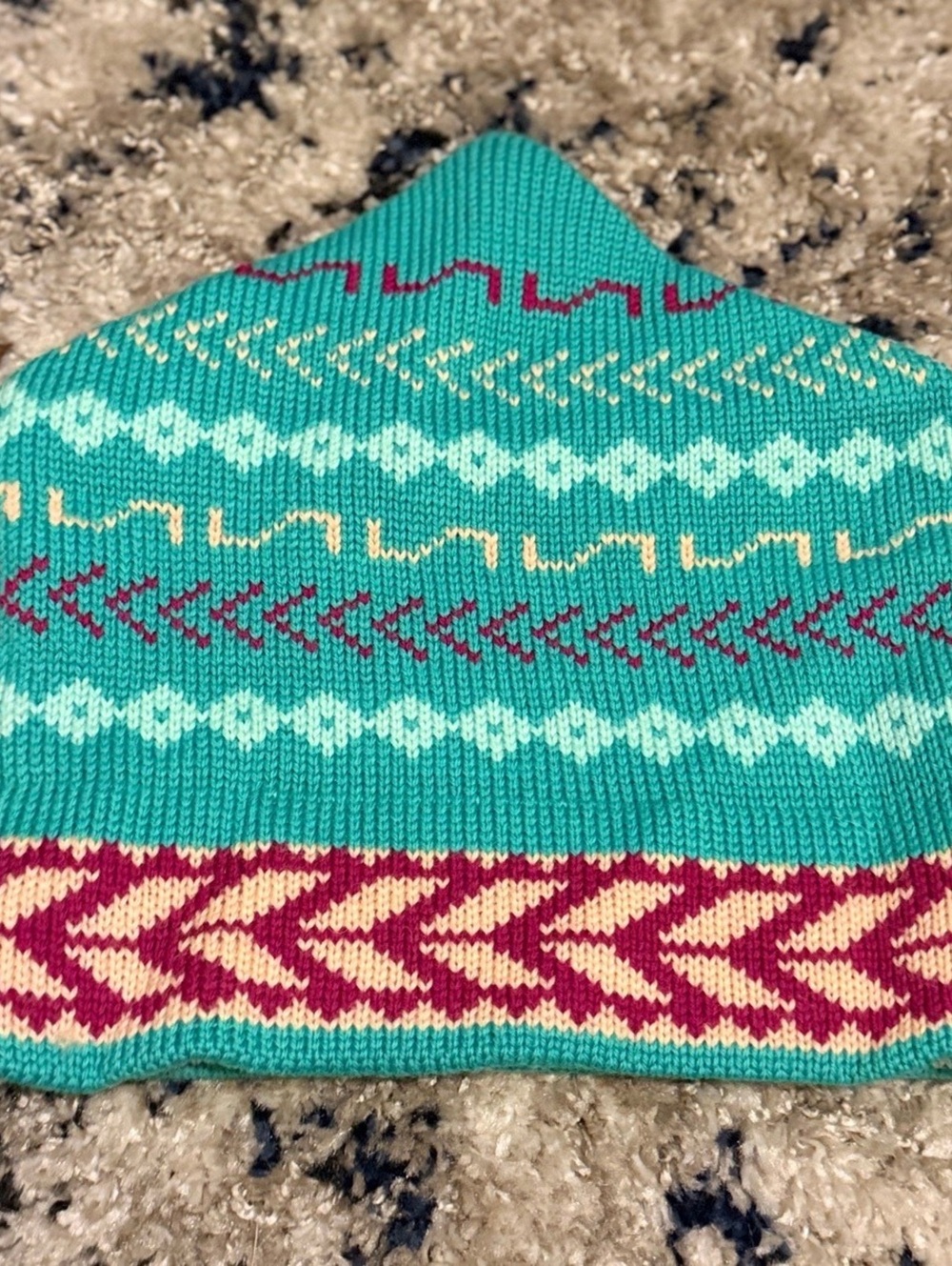 Vintage Teal Patterned Knit Beanie Pink Cream Geometric